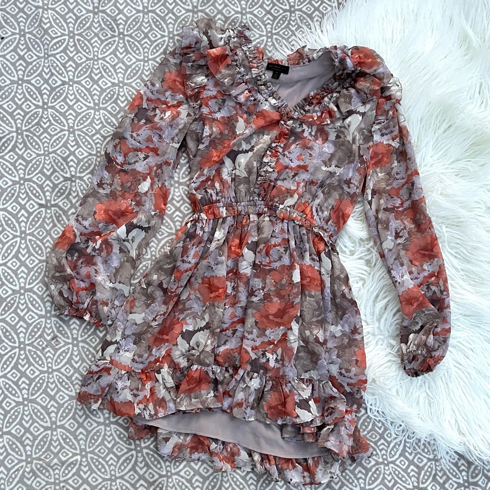 Anthropologie Current Air Orange & Taupe Picot Stitch Floral Dress w/ Ruffles XS